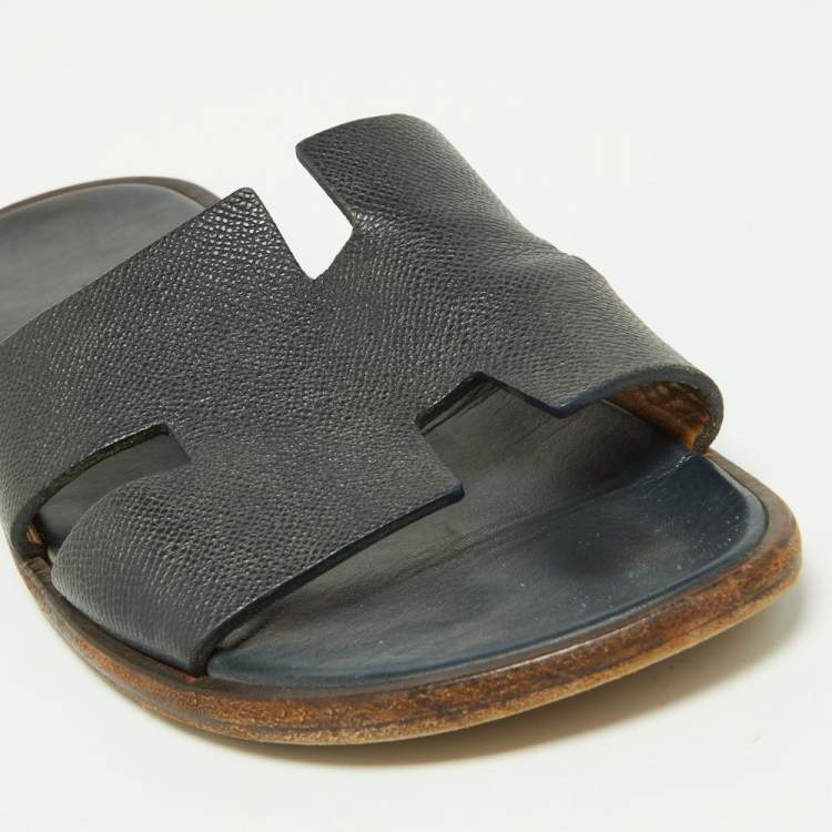 Pre Owned Hermes Navy Blue Leather Izmir Slides Size 44