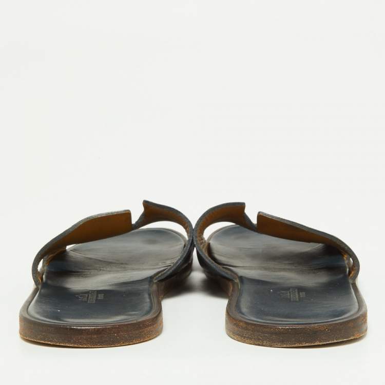 Pre Owned Hermes Navy Blue Leather Izmir Slides Size 44