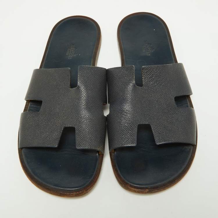 Pre Owned Hermes Navy Blue Leather Izmir Slides Size 44