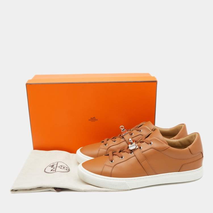 Pre Owned Hermes Brown Leather Day Low Top  Sneakers Size 44.5