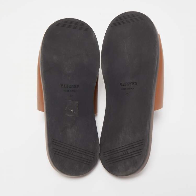 Pre Owned Hermes Brown Leather Flat Slides Size 43