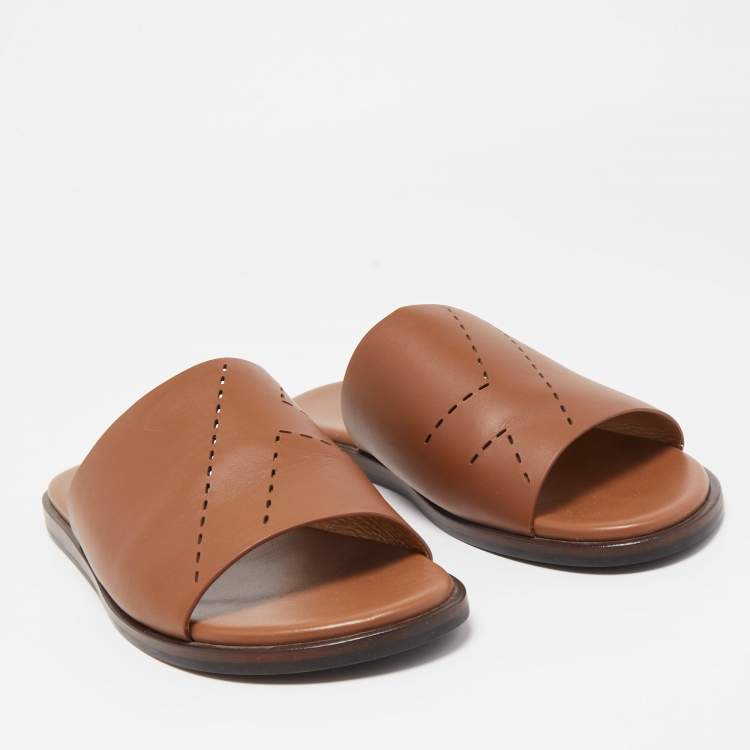 Pre Owned Hermes Brown Leather Flat Slides Size 43
