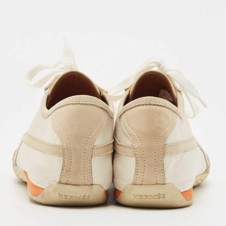 Pre Owned Hermes White/Grey Suede and Leather Pewter Perforated H Lace Up Sneakers Size 41