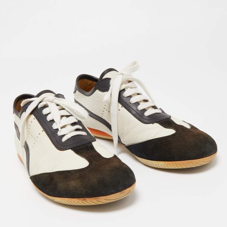 Pre Owned Hermes White/Brown Leather and Suede Low Top Sneakers Size 45