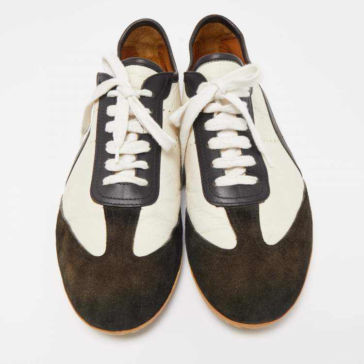 Pre Owned Hermes White/Brown Leather and Suede Low Top Sneakers Size 45