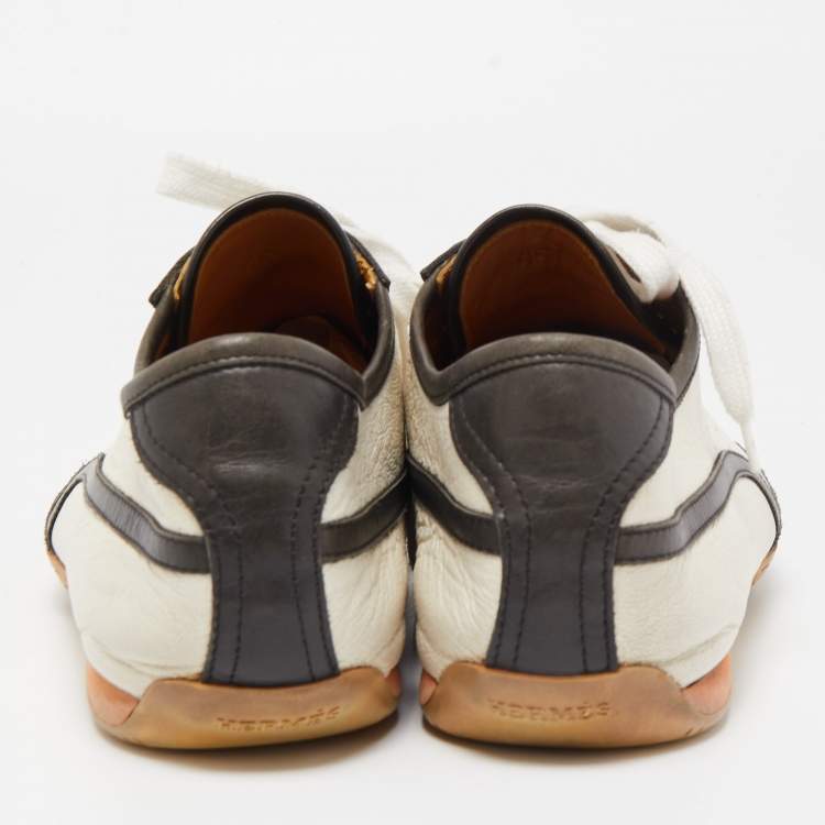 Pre Owned Hermes White/Brown Leather and Suede Low Top Sneakers Size 45