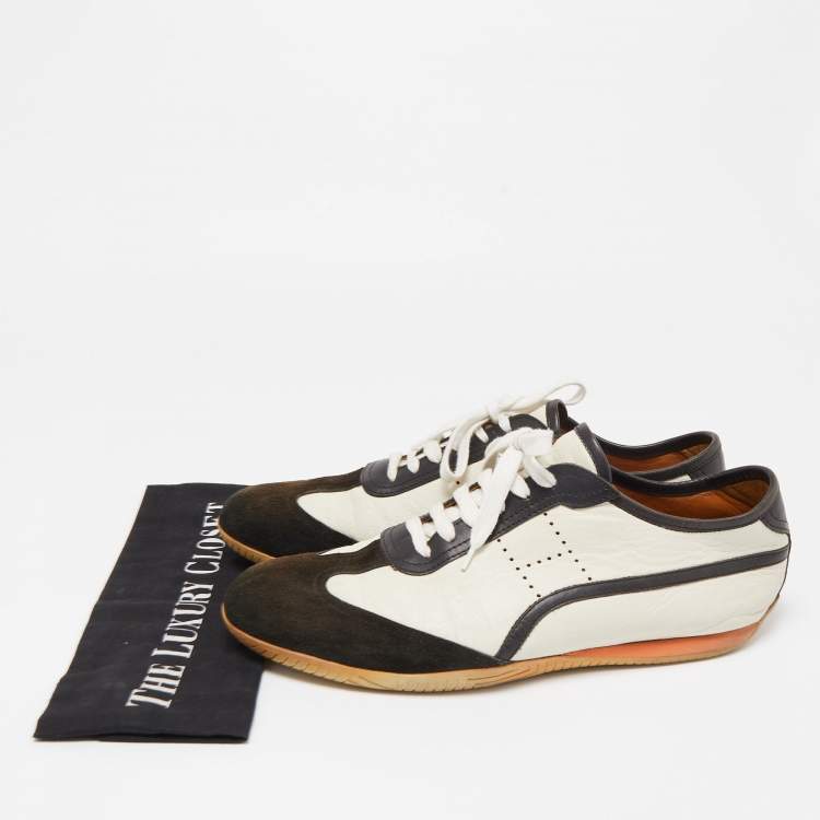Pre Owned Hermes White/Brown Leather and Suede Low Top Sneakers Size 45