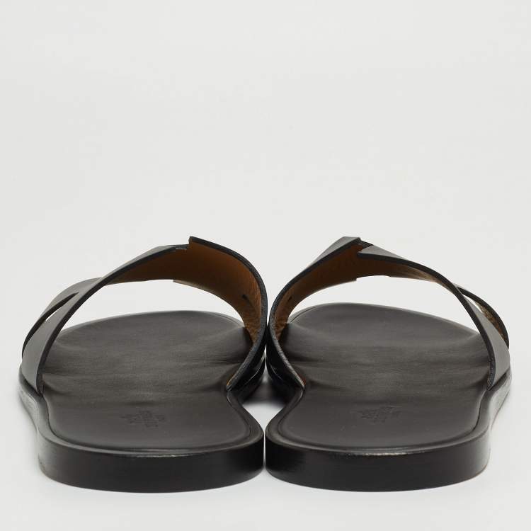 Pre Owned Hermes Black Leather Izmir Slide Flats Size 47