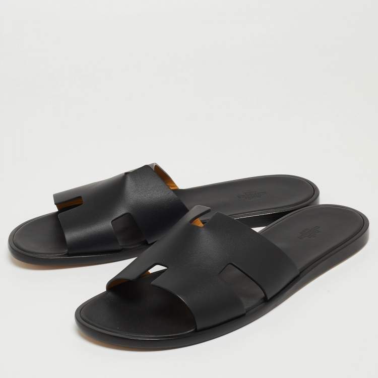 Pre Owned Hermes Black Leather Izmir Slide Flats Size 47