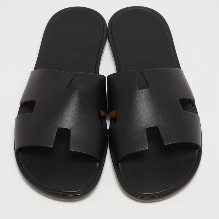 Pre Owned Hermes Black Leather Izmir Slide Flats Size 47