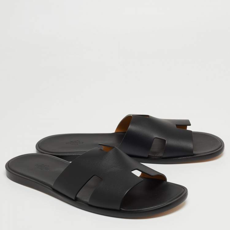Pre Owned Hermes Black Leather Izmir Slide Flats Size 47