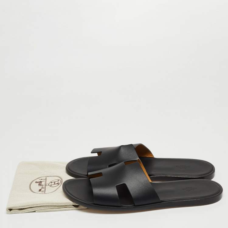 Pre Owned Hermes Black Leather Izmir Slide Flats Size 47