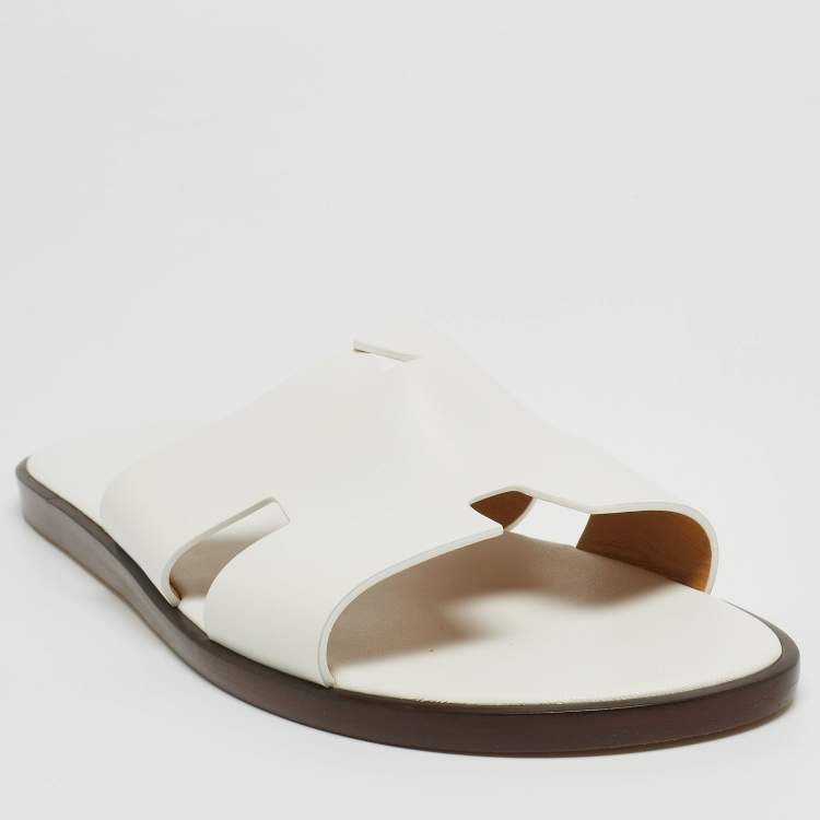 Pre Owned Hermes White Leather Izmir Slide Flats Size 47