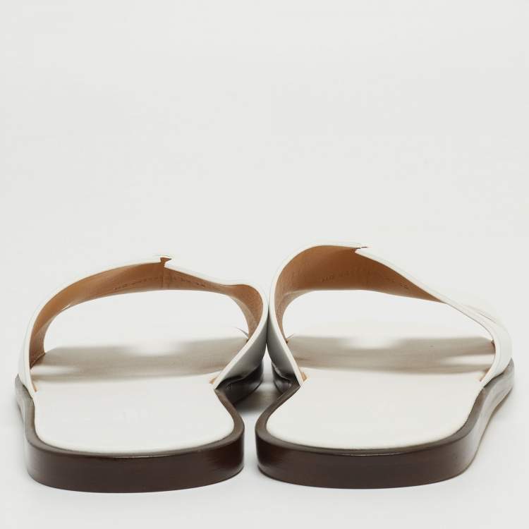 Pre Owned Hermes White Leather Izmir Slide Flats Size 47