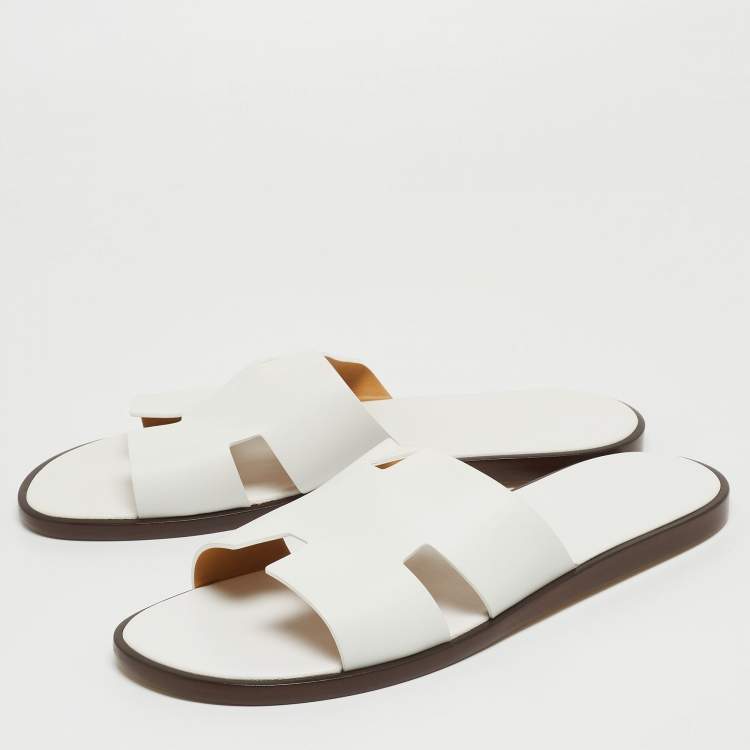 Pre Owned Hermes White Leather Izmir Slide Flats Size 47