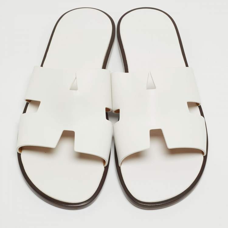 Pre Owned Hermes White Leather Izmir Slide Flats Size 47