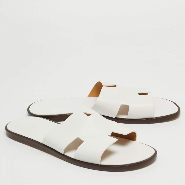 Pre Owned Hermes White Leather Izmir Slide Flats Size 47