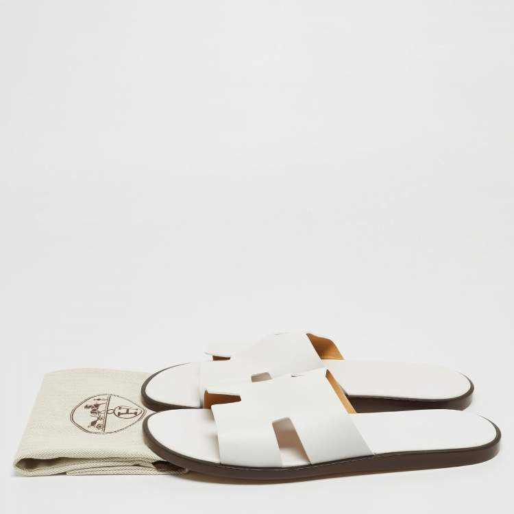 Pre Owned Hermes White Leather Izmir Slide Flats Size 47