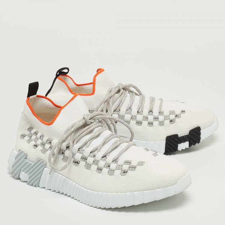 Pre Owned Hermes White Knit Fabric Flex Sneakers Size 42.5