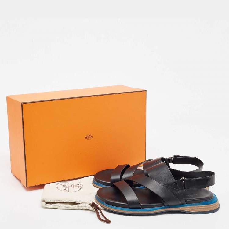 Pre Owned Hermes Black Leather Athene Velcro Slingback Flat Sandals Size 43.5