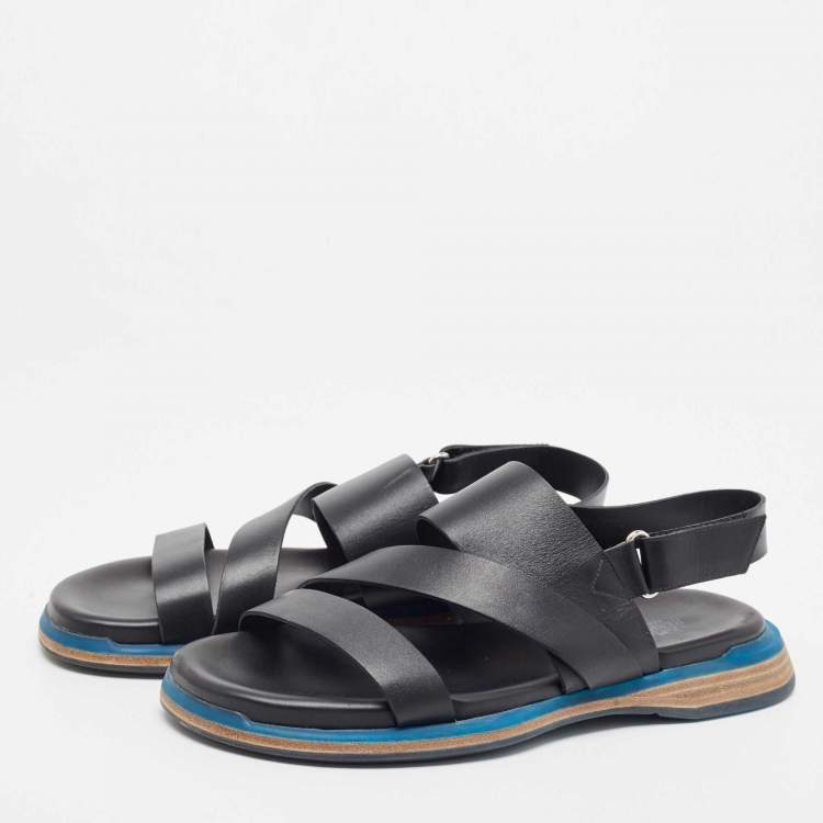Pre Owned Hermes Black Leather Athene Velcro Slingback Flat Sandals Size 43.5