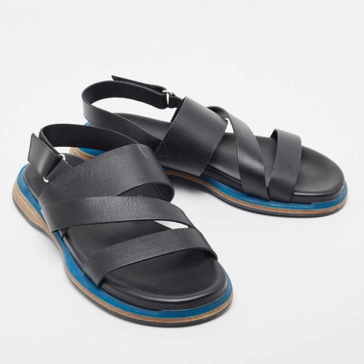 Pre Owned Hermes Black Leather Athene Velcro Slingback Flat Sandals Size 43.5