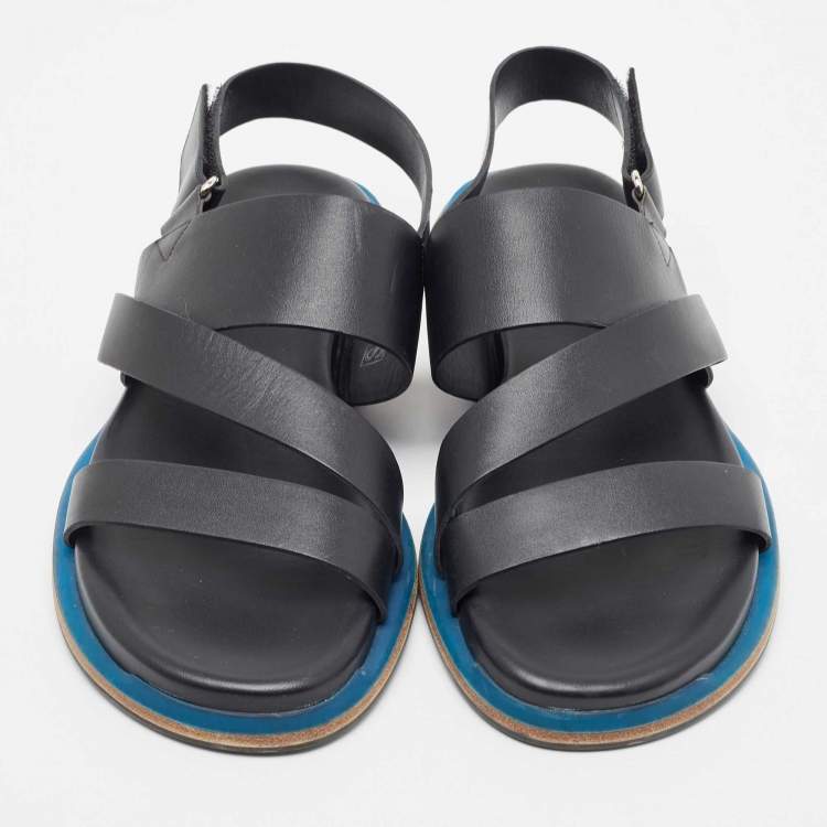 Pre Owned Hermes Black Leather Athene Velcro Slingback Flat Sandals Size 43.5