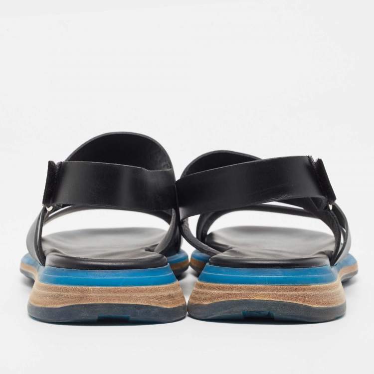 Pre Owned Hermes Black Leather Athene Velcro Slingback Flat Sandals Size 43.5