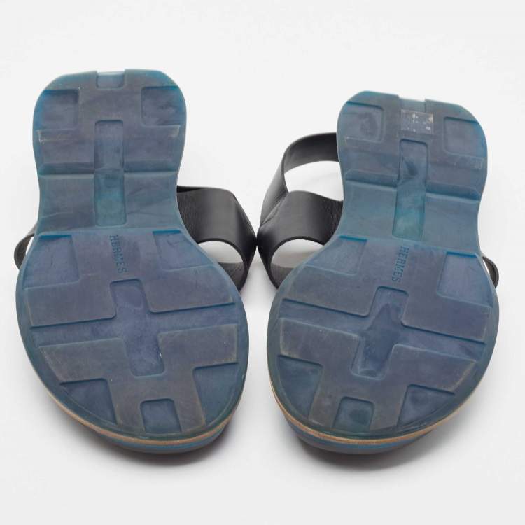 Pre Owned Hermes Black Leather Athene Velcro Slingback Flat Sandals Size 43.5