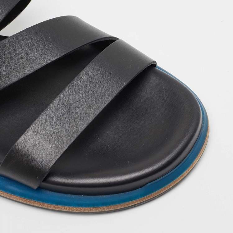 Pre Owned Hermes Black Leather Athene Velcro Slingback Flat Sandals Size 43.5