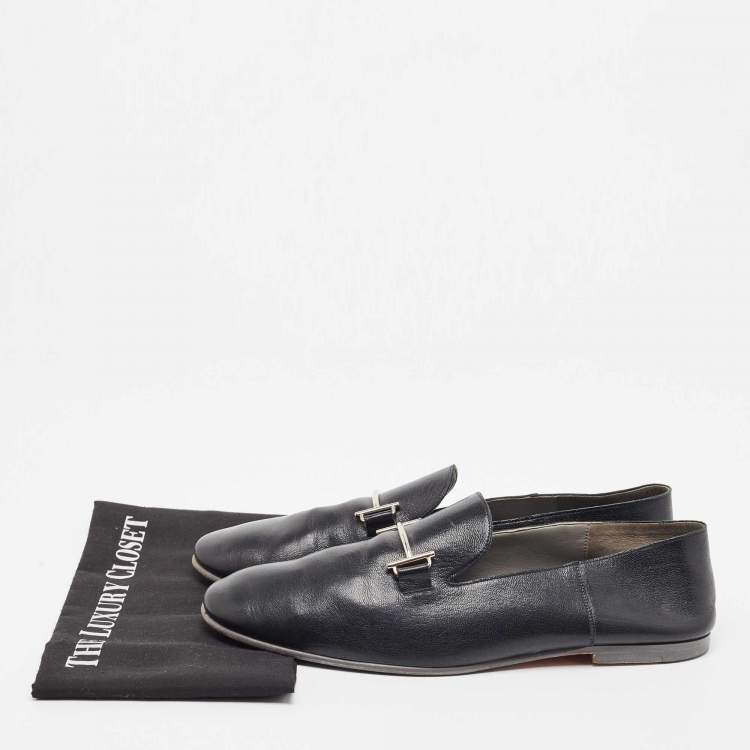 Pre Owned Hermes Black Leather Saga Loafers Size 46