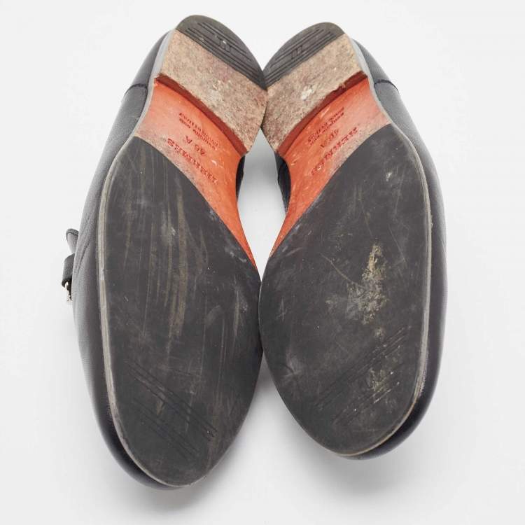Pre Owned Hermes Black Leather Saga Loafers Size 46