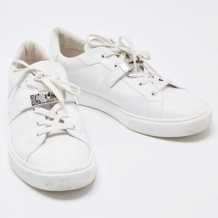 Pre Owned Hermes White Leather Lace Up Low Top Sneakers Size 44