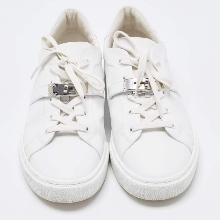 Pre Owned Hermes White Leather Lace Up Low Top Sneakers Size 44