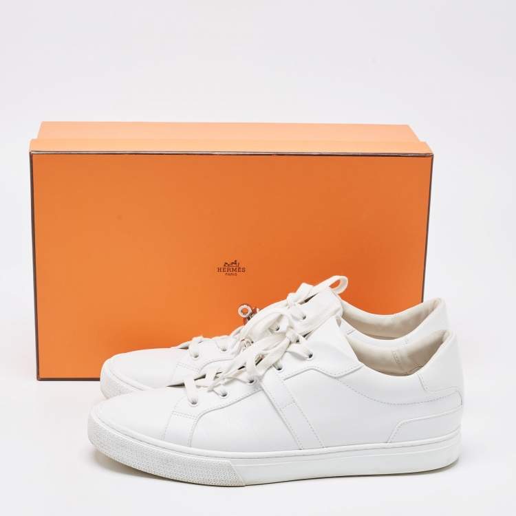 Pre Owned Hermes White Leather Lace Up Low Top Sneakers Size 44
