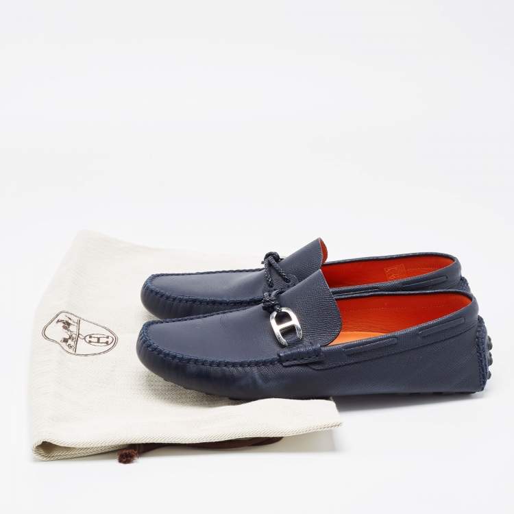 Pre Owned Hermes Navy Blue Leather Alessandro Drivers Loafers  Size 42.5