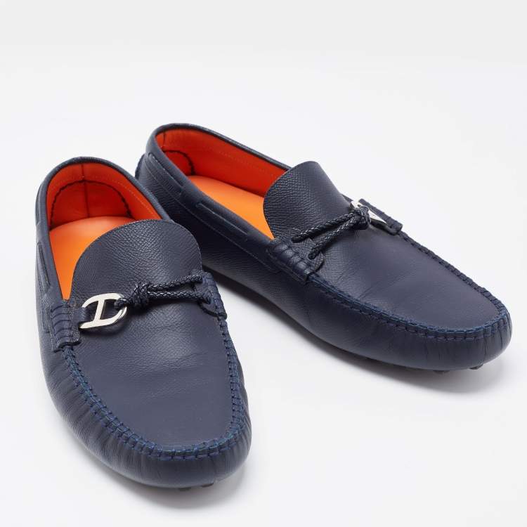 Pre Owned Hermes Navy Blue Leather Alessandro Drivers Loafers  Size 42.5