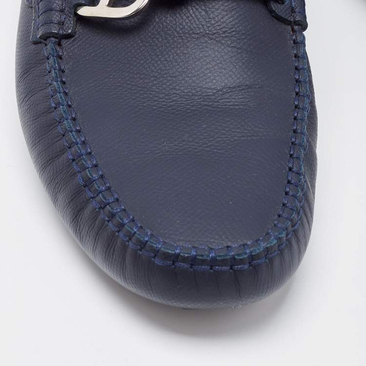 Pre Owned Hermes Navy Blue Leather Alessandro Drivers Loafers  Size 42.5