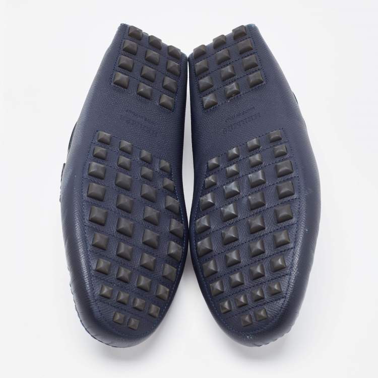 Pre Owned Hermes Navy Blue Leather Alessandro Drivers Loafers  Size 42.5