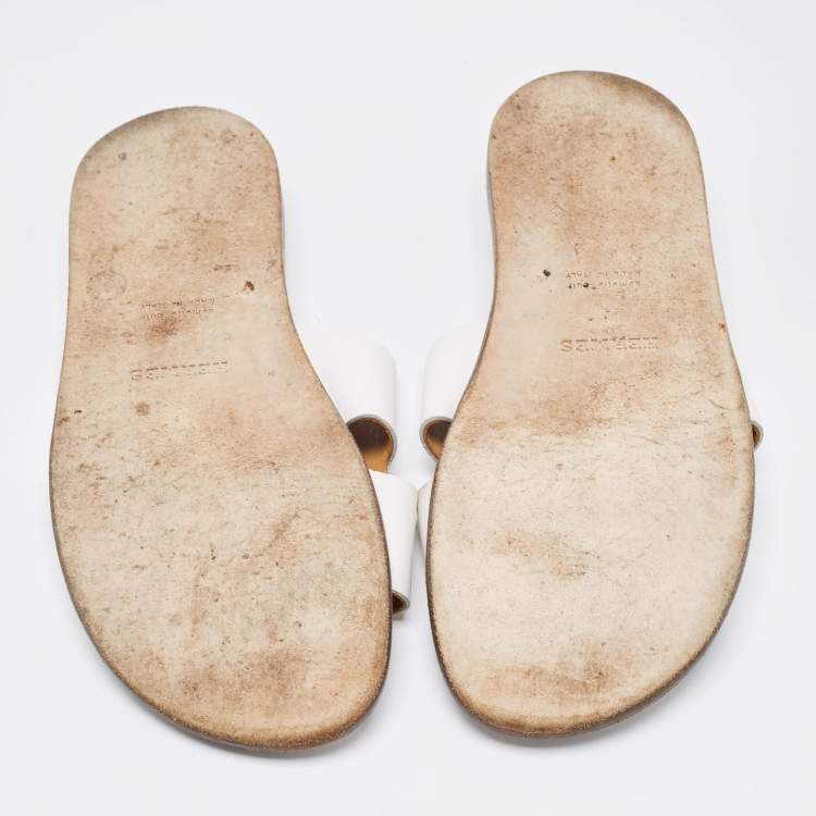 Pre Owned Hermes White Leather Izmir Flat Slides Size 44