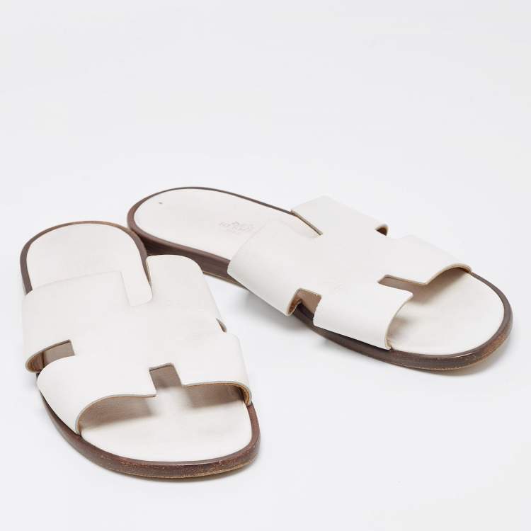 Pre Owned Hermes White Leather Izmir Flat Slides Size 44