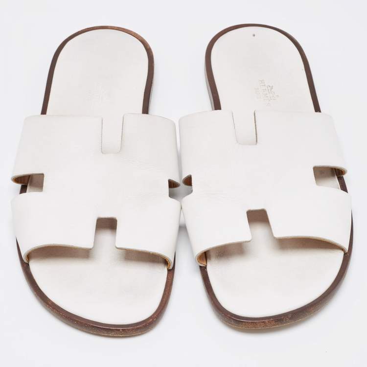 Pre Owned Hermes White Leather Izmir Flat Slides Size 44