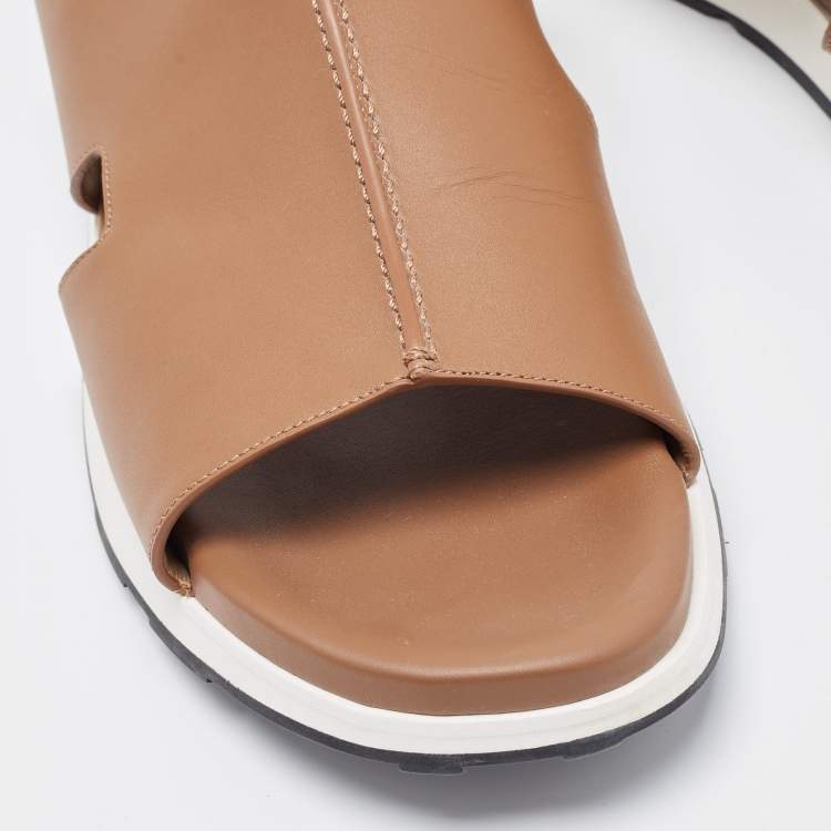 Pre Owned Hermes Brown Leather Pharaon Slides Size 45
