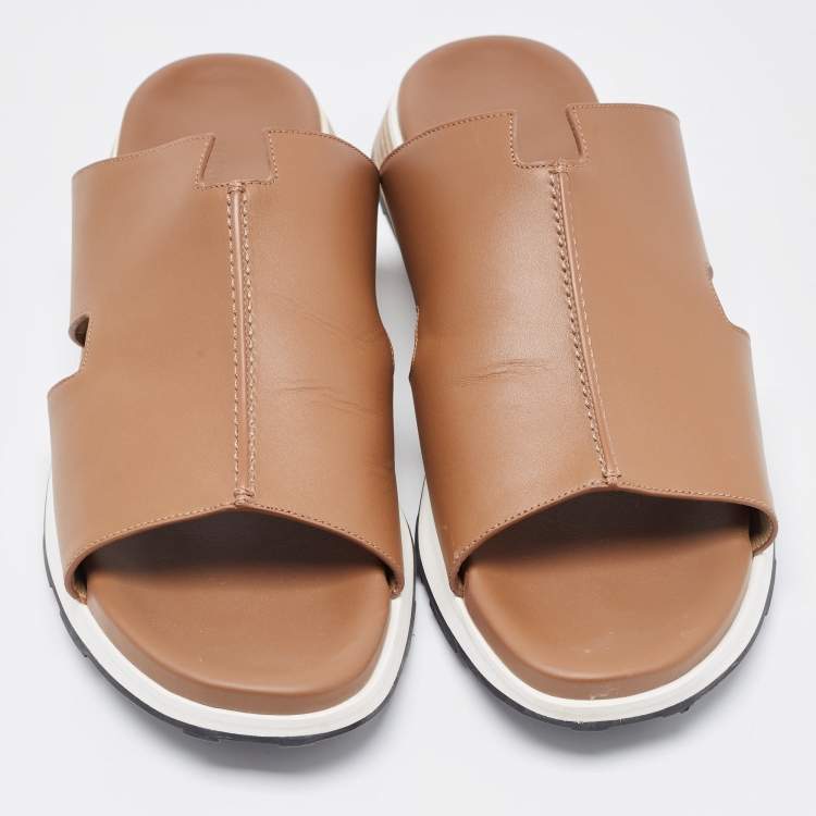 Pre Owned Hermes Brown Leather Pharaon Slides Size 45