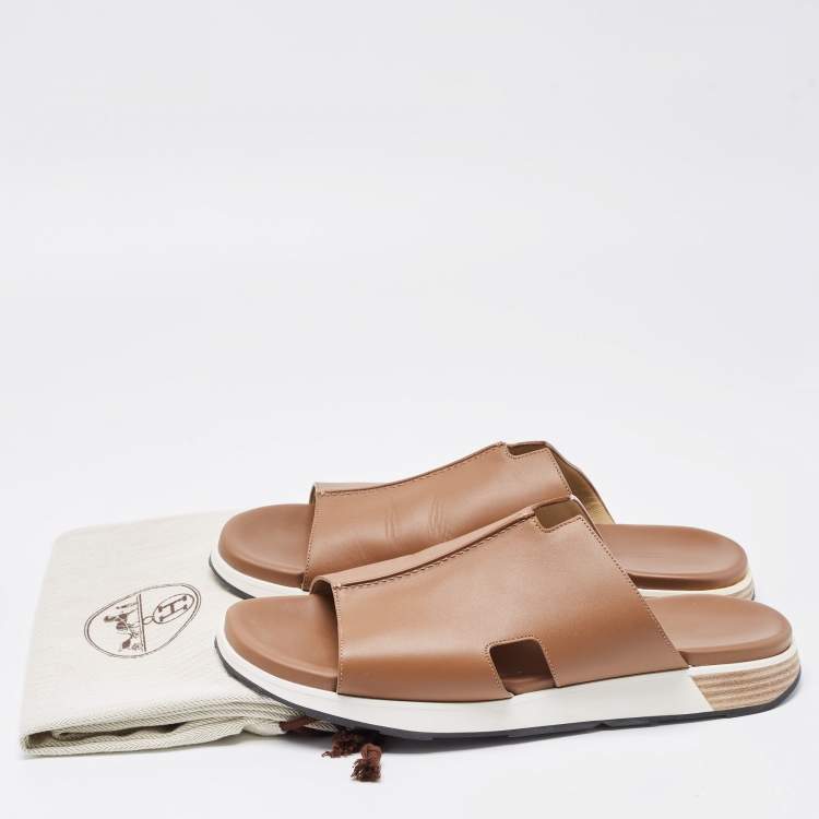Pre Owned Hermes Brown Leather Pharaon Slides Size 45