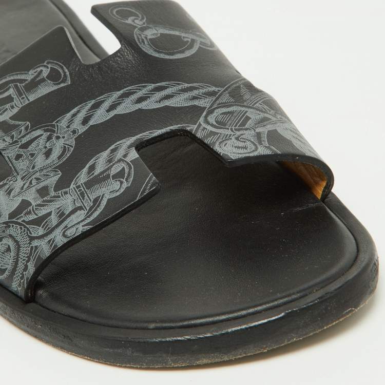 Pre Owned Hermes Black Printed Leather Izmir Slides Size 41