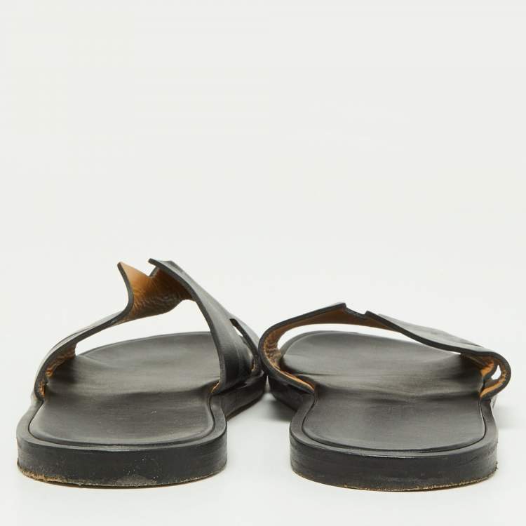Pre Owned Hermes Black Printed Leather Izmir Slides Size 41