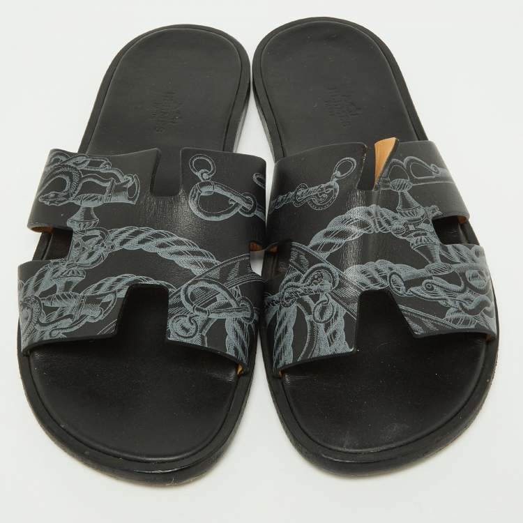 Pre Owned Hermes Black Printed Leather Izmir Slides Size 41