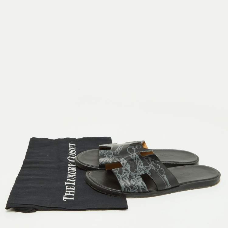 Pre Owned Hermes Black Printed Leather Izmir Slides Size 41