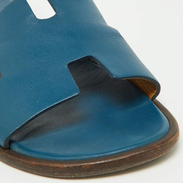 Pre Owned Hermes Blue Leather Izmir Slides Size 41